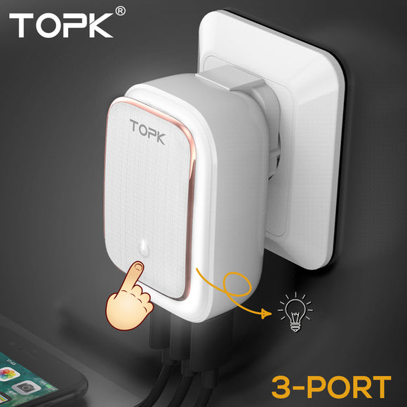 CARGADOR 3 PUERTOS USB 5V 3.4A(Max) LED Lamp USB 2-IN-1  iPhone Samsung